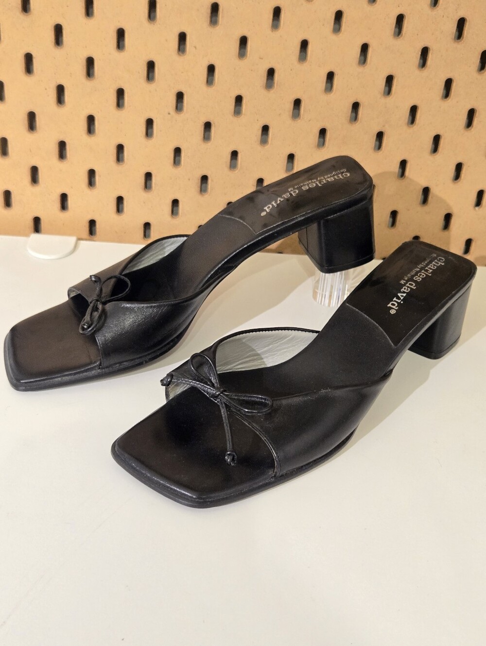 Y2K Charles David Kitten Heels Womens 8 Black Slide Bow Sandal Open Toe 90s